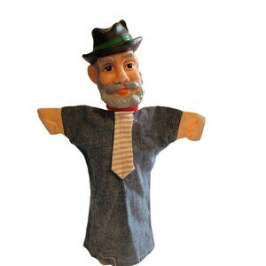 Vtg Gray Bearded Man Feather Hat Swiss Vinly Head Hand Puppet Cloth Body
